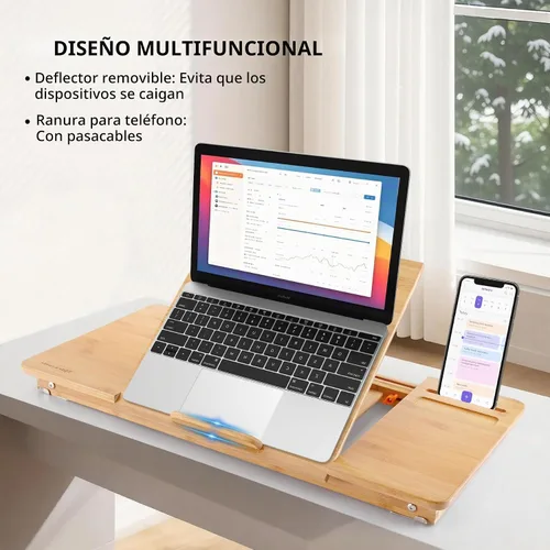 Vista 4 de Nnewvante - Mesa de bambú para laptop, bandeja de regazo ajustable, bandeja para servir cama, mesa de desayuno, mesa de café plegable, 7 ángulos