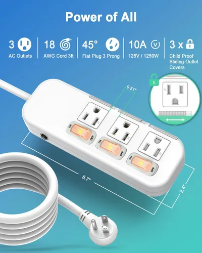 Vista 2 de Regleta de alimentación con interruptores individuales, cable de extensión de 3 pies, 3 tomacorrientes, protector de sobretensiones 300J