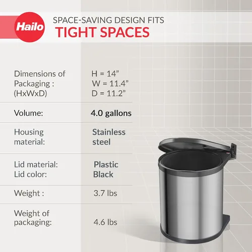 Vista 5 de Hailo Compact-Box M - Bote de basura de 4 galones, elevador de tapa, pequeño cubo de cocina, acero inoxidable