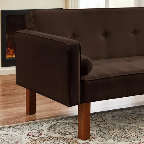 Vista 7 de Sofá cama de tela moderna, sofá cama convertible con 2 almohadas y reposabrazos, sofá reclinable plegable de 75 pulgadas con patas de madera maciza