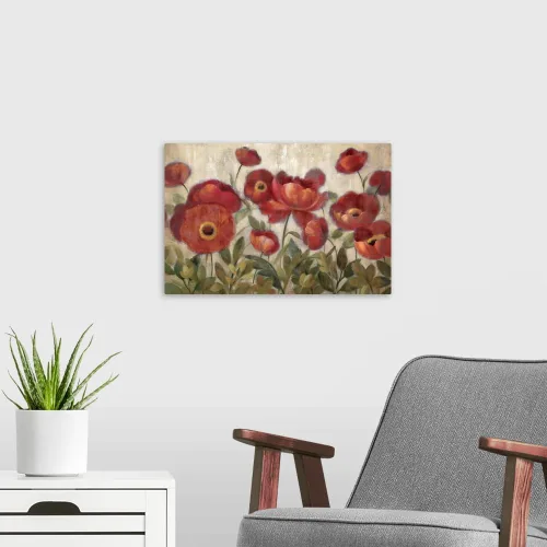 Vista 3 de Daydreaming Flowers - Lienzo rojo para pared, arte de amapola