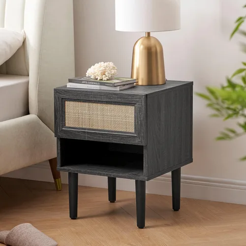 Vista 10 de Mopio - Mesita de noche Haylee de ratán, mesa auxiliar perfecta para sala de estar y dormitorio que complementa tu cama o sofá (carbón)
