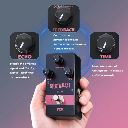 Vista 5 de Satone Pedal de guitarra retardada, Spritwalker Pedal de efecto de guitarra eléctrica Delay DC 9V Mini Pedal de retardo analógico True Bypass