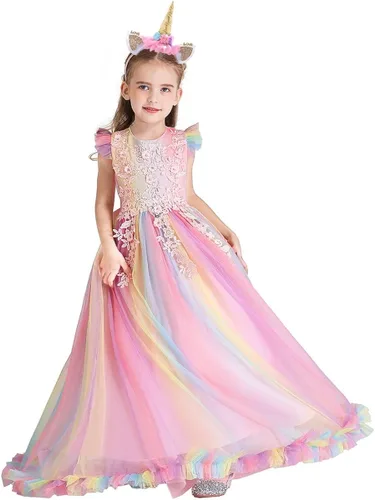 Vista 2 de HOIZOSG Vestido de tul de unicornio arcoíris para niñas cumpleaños Halloween Navidad concurso de baile fiesta con diadema