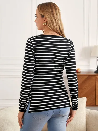 Vista 2 de Floerns Camiseta casual de manga larga con estampado de rayas para mujer