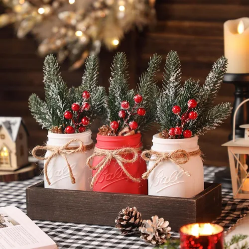 Vista 6 de Frascos Mason de Navidad, Centros de Mesa de Navidad para Mesas, Bandeja de Madera y 3 Frascos Decorativos Pintados, Decoración de Centros de Mesa 2