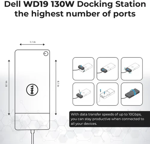 Vista 5 de Paquete de estación de acoplamiento Dell WD19 de 130 W con adaptador de corriente de 130 W + cable HDMI + cable DisplayPort + cable USB-C + paño