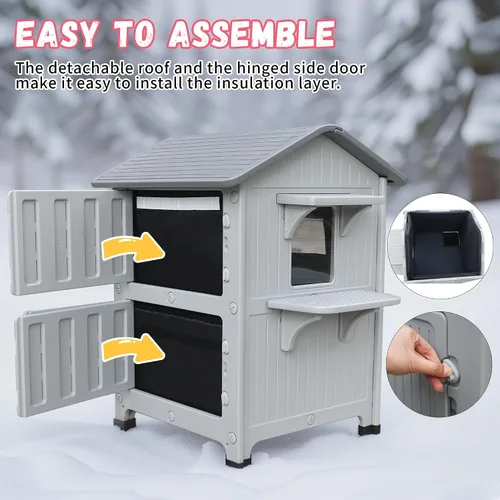 Vista 2 de Casa de plástico para gatos al aire libre – Casa para gatos para exteriores con forro aislante para invierno, 100% resistente a la intemperie