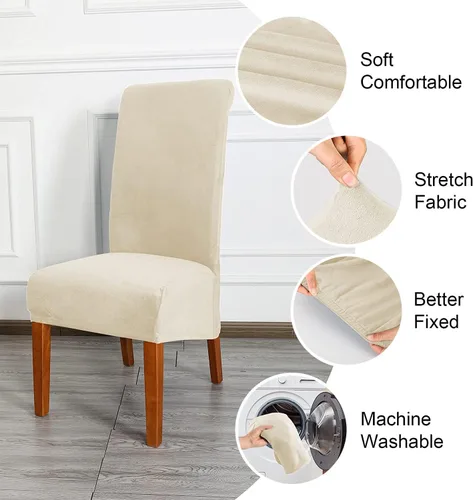 Vista 5 de Fundas elásticas para sillas de comedor, fundas protectoras de asiento extraíbles de terciopelo suave para sillas Parson (2, beige)