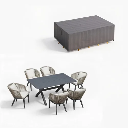 Vista 36 de PURPLE LEAF Juego de muebles para patio de 7 piezas, juego de mesa y sillas de mimbre para exteriores, marco rectangular de aluminio para jardín