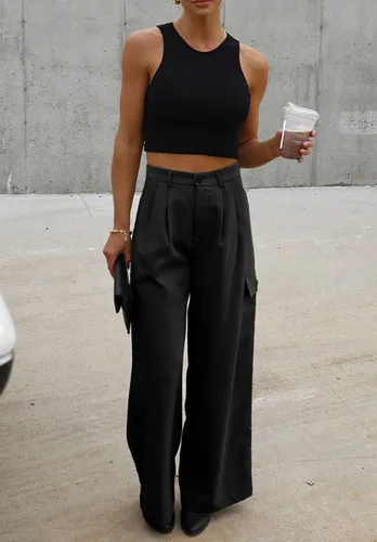 Vista 4 de Dokotoo Pantalones cargo de cintura alta y pierna ancha para mujer, pantalones holgados de trabajo casuales con 4 bolsillos