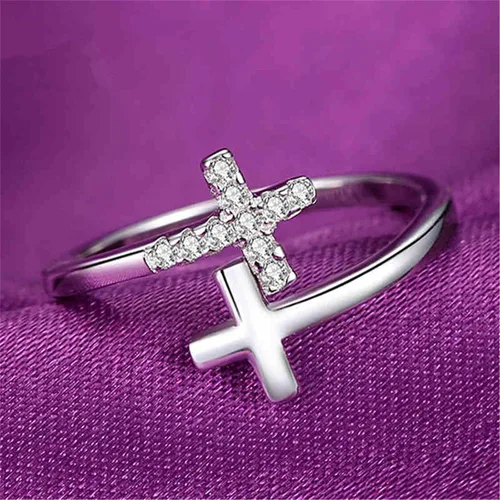 Vista 2 de CANEER Anillo de plata de ley 925 con cruz de fe cristiana para mujer joyería inspiradora delicada de Pascua para adolescentes Metal no precioso