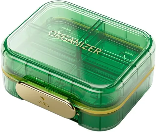 Vista 10 de Paquete de 1 organizador de píldoras de viaje, 7 compartimentos, pastillero portátil diario para contener vitaminas, contenedor de píldoras