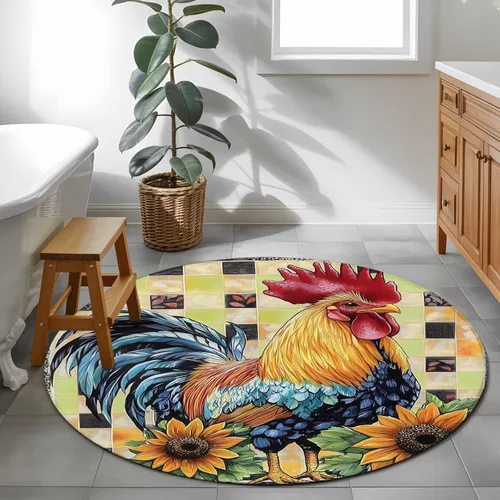 Vista 4 de 4ft Round Rug, Retro Rooster Non-Skid Rubber Backing Large Area Rugs - Living Room Bedroom Home Office, Yellow Sunflower Watercolor Animals Plaid
