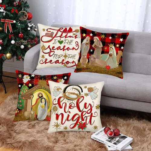 Vista 2 de Fukeen Juego de 4 fundas de almohada con texto en inglés "Merry Christmas" de 16 x 16 pulgadas con texto en inglés "Natividad de Jesús, Noche
