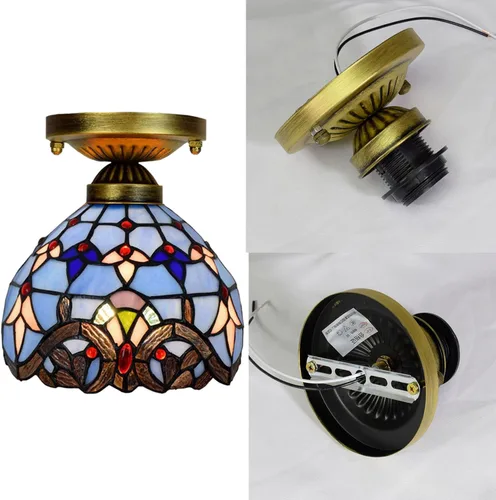 Vista 5 de Tiffany - Lámpara de techo estilo vitral, mini lámpara de techo, 1 luz, montaje empotrado de 8 pulgadas para hotel, pasillo, balcón, cocina Azul