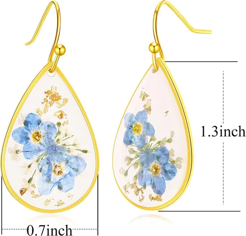 Vista 3 de AMEJEW Aretes de flores silvestres prensadas Forget-Me-Not Aretes colgantes para mujeres y niñas Pendientes de flores prensadas con lágrima