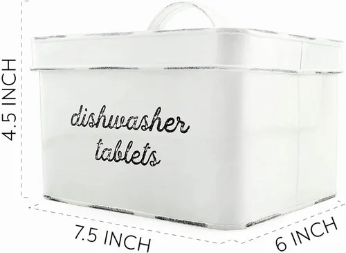 Vista 6 de AuldHome - Soporte para cápsulas de lavavajillas, contenedor para tabletas; esmalte blanco rústico para almacenamiento de cocina con tapa