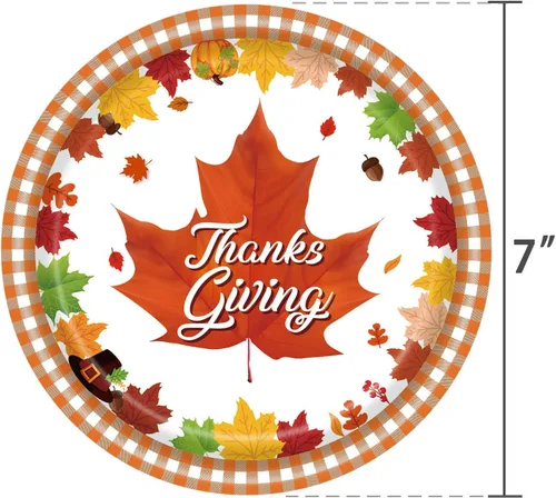 Vista 2 de mdgfge Platos de papel desechables de Acción de Gracias, platos de postre con estampado de hojas de arce de otoño para cosecha de otoño, cumpleaños
