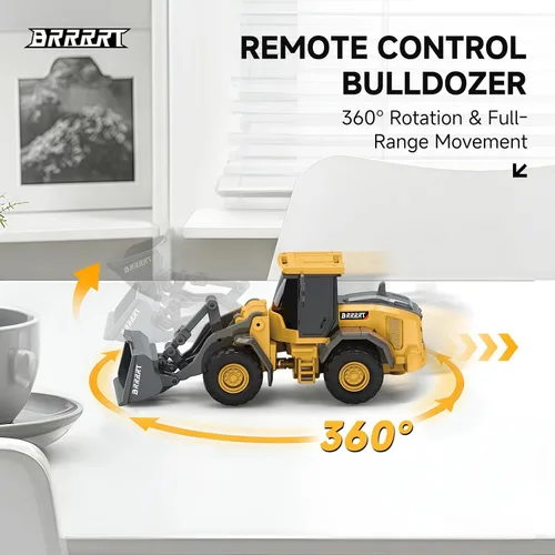 Vista 6 de BRRRRT 1/64 RC Bulldozer juguete, vehículos de construcción RC de proporción completa soporta empuje, levantamiento, movimiento, aleación de carga