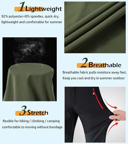 Vista 3 de CARWORNIC Pantalones de senderismo ligeros para hombre, de secado rápido, impermeables, para escalar, con bolsillos con cremallera