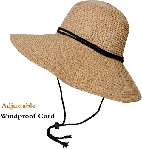 Vista 2 de Sombrero de sol para mujer, de ala ancha, plegable, para playa, protección UV, sombrero de paja de verano con cordón de viento