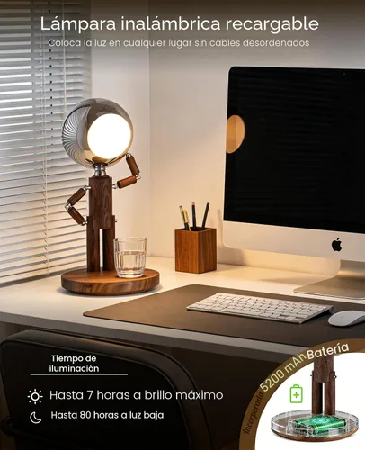 Vista 3 de Lámpara de mesa inalámbrica, lámpara de mesa de madera recargable con control táctil y brillo ajustable, lámpara de noche decorativa inalámbrica