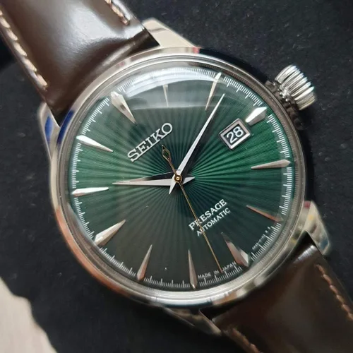 Vista 9 de SEIKO Mens PRESAGE 'Mockingbird' Cocktail Dial verde con reloj de cuero marrón SRPD37J1, Blanco, Moderno