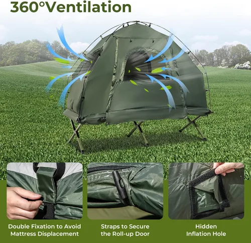 Vista 8 de GYMAX Tienda de campaña con cuna, plegable de 5 en 1 con colchón y almohadas, sacos de dormir, parasol, tienda de campaña elevada para camping