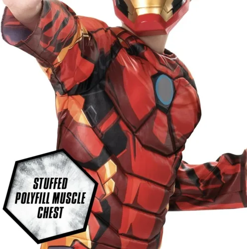 Vista 2 de Jazwares Disfraz de superhéroe de Iron Man para niños 8 medianos: overol completo con reactor de fusión reflectante y máscara metálica
