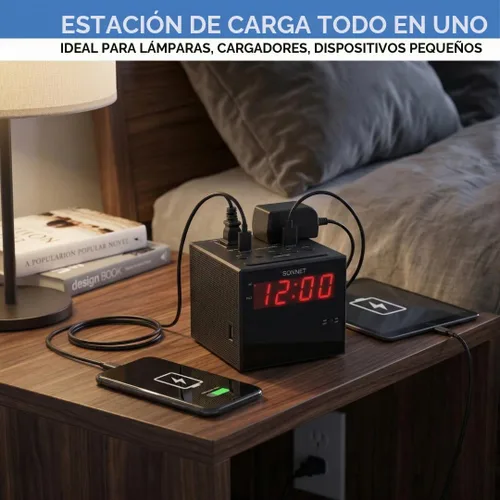 Vista 2 de Sonnet - Radio despertador digital con estación de carga, radio AM/FM Bluetooth para dormitorio, 2 salidas de CA y 2 puertos de carga USB, pantalla
