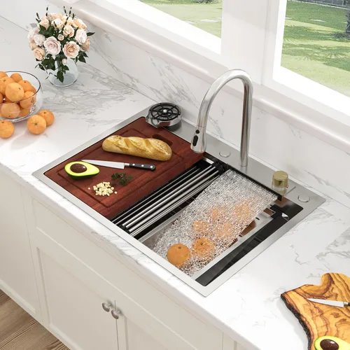Vista 23 de Sarlai - Fregadero de cocina de cascada de 31 pulgadas, de montaje superior - 31x20 Fregadero de cocina con borde y estación de trabajo, de acero