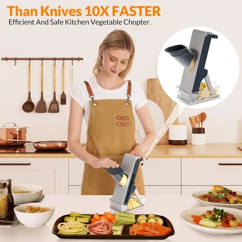 Vista 2 de Cortador de mandolina seguro para cocina, cortador de verduras multifuncional FEICO picador de mandolina para verduras y papas vegetales