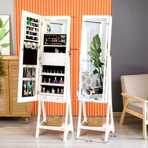 Vista 3 de KEDLAN Armario de joyería con espejo LED de pie, organizador de joyas con cerradura, armario grande de longitud completa con cajones, organizador