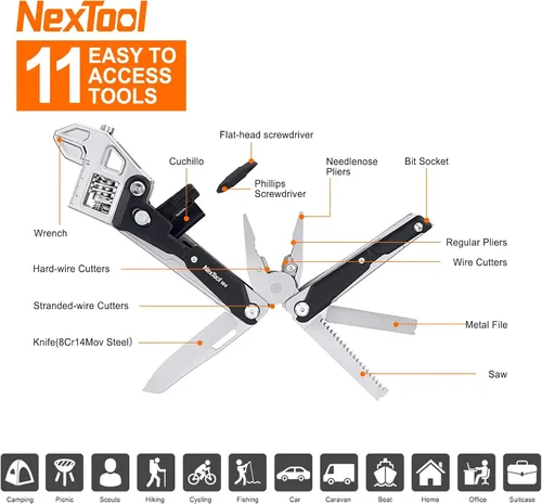 Vista 7 de NEXTOOL W4 - Llave de trinquete ajustable multiherramienta de 11 en 1, herramienta plegable EDC con alicates, cuchillo, sierra y destornillador