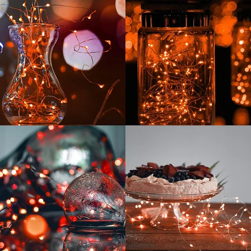 Vista 4 de Twinkle Star - Tira de luces de 33 pies con 100 LED y con cable plateado, funciona con pilas, decoración para las fiestas, Navidad, Halloween, bodas
