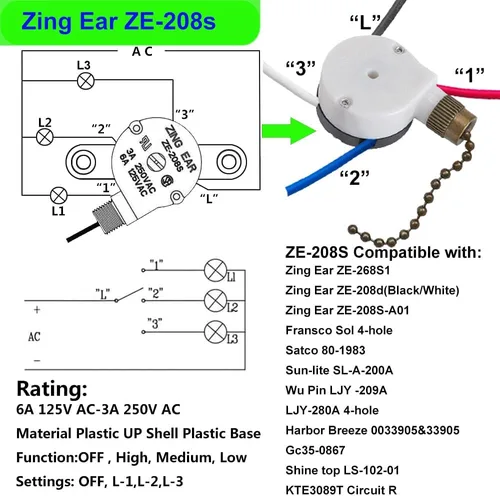 Vista 2 de Interruptor para ventilador de techo Zing Ear ZE-208s E89885 de 3 velocidades con 4 cables, cadena de control con 4 cables preinstalados, parte