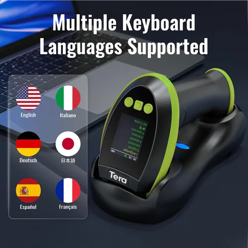 Vista 6 de Tera Escáner de Código de Barras Inalámbrico con Pantalla: Versión Pro 1D 2D QR con Teclado de Configuración, Cuna de Carga, Funciona con Bluetooth