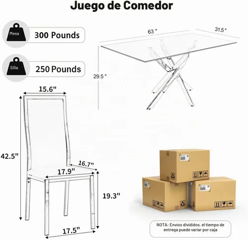 Vista 2 de Juego de mesa de comedor de cristal dorado moderno de 63 pulgadas para 6, juego de mesa de cocina rectangular de 7 piezas con patas de acero Negro