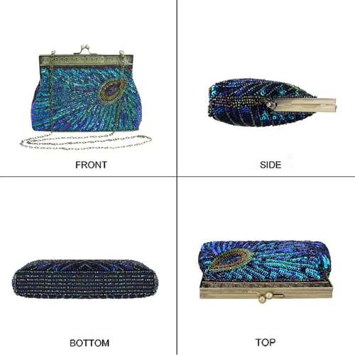 Vista 4 de Bolso de noche vintage de lentejuelas con cuentas de pavo real, bolso de boda para fiesta de los años 20 Azul (Peacock Blue)