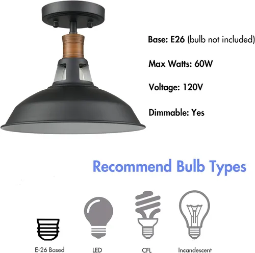 Vista 7 de CLAXY - Lámpara de techo industrial semiempotrada con pantalla de granero en blanco y negro Dimmable E26 Barn Ceiling Light Semi-flush Mount for