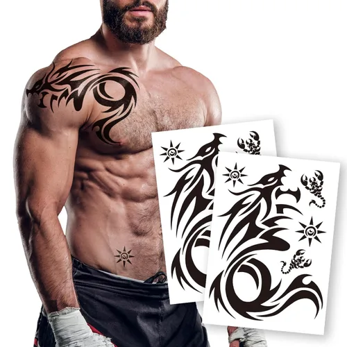 Vista 8 de 2 hojas grandes de tatuajes temporales para hombres y mujeres, impermeables, tatuajes falsos de arte corporal con diseño de tótem para el pecho