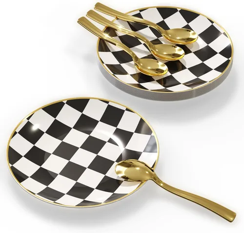 Vista 7 de Trendables Mini platos de postre desechables con cucharas de oro I 120 PCS I Sirves 60 Personas I Platos pequeños a cuadros con gol cuadriculado