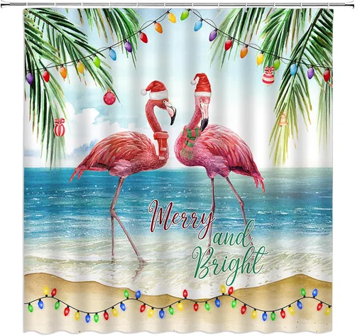 Vista 2 de Cortina de ducha de flamenco de Navidad, pájaro tropical, pino, sombrero de Papá Noel, Año Nuevo, decoración de baño, juego de decoración de baño