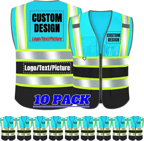 Vista 25 de BeautyWill Chaleco de seguridad con logotipo personalizado Class2 Chaleco reflectante de alta visibilidad con bolsillos y cremallera chaleco