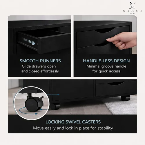 Vista 3 de Naomi Home Archivador de oficina con ruedas para debajo del escritorio, con 5 cajones y gabinete de almacenamiento lateral, organizador móvil