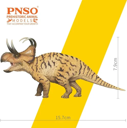 Vista 4 de PNSO Modelos de dinosaurios prehistóricos (41 Perez The Machairoceratops) 6.2" Ceratopsian Model - Curved Frill Horns - Long Brow Horns - Hooked