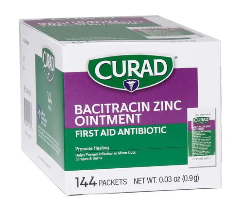 Vista 2 de CURAD Ungüento de bacitracina con zinc, paquete de papel de aluminio de 0.03 oz, caja de 1728