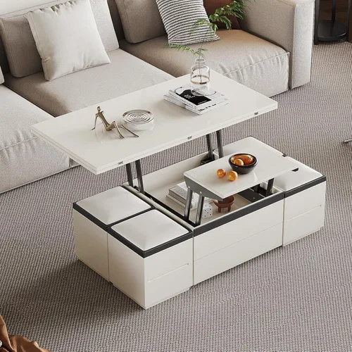 Vista 3 de Guyii Mesa auxiliar elevable de 47 pulgadas con taburetes de almacenamiento, mesas de café blanco 3 en 1, mesa de sala de estar con ruedas para sala