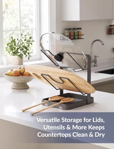 Vista 5 de NiHome Soporte para tapa de olla y soporte para cuchara con bandeja de goteo extraíble, organizador de encimera de cocina de hierro negro